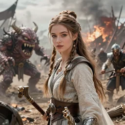 Beautiful viking princess of the world fighting a toothy monster on a battlefield of destruction by Tsutomu Nihei, by Emil Melmoth, by stuz0r, Craig Mullins, yoji shinkawa, cross, artstation, peter morbacher, young, very attractive, pretty face, hyper detailed, very detailed, rendering by octane, shallow depth of field, uplight