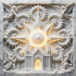 an intricate soap carving of a sprawling psychedelic cathedral populated by mandelbrot fractals by android jones, carved stone, unreal engine, white color scheme, volumetric lighting, dynamic lighting, bright, high contrast, neon glow, carved marble, opalescent, sacred geometry, religious, angelic, catholicpunk, stark, trending on artstation