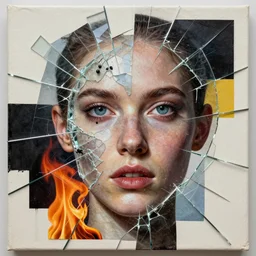 strip performance of fire and ice detailed and highly reliefed analogue mixed media collage with canvas texture in style of contemporary art, punk art, photorealistic face, expressionism, minimalism. masterpiece, perfect composition, photorealistic beautiful face, spectacular quality, intricate details, shattered glass textures, vivid