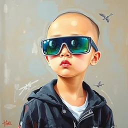 bald chinese kid wearing futuristic sunglasses impressionist painting