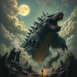 concept art of giant kaiju, japanese, roaring, lots of teeth, melting horror, round moon, rich clouds, fighting the horrors of the unknown, mirrors, very detailed, volumetric light, mist, grim, fine art, decaying, textured oil over canvas, epic fantasy art, very colorful, ornate, anato finnstark