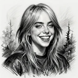 surrealism grunge cartoon sketch of billie eilish with a wide smile by - michael karcz, loony toons style, horror theme, detailed, elegant, intricate
