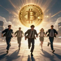 people running away scared from bitcoin, cyberpunk art, hyper-realistic, high detail