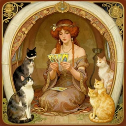 Gypsy lady doing tarot card reading inside a gypsy caravan surrounded by cats in art nouveau, Alphonse Mucha