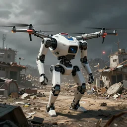a robotic police with drone slums, concept art, artstation, dystopian, matte painting, hyper realistic, art by feng zhu, cinematic lighting, sci - fi color palette