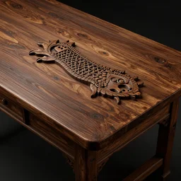 An old wooden table with a carving of the boognish in it, 4k resolution, 8k resolution, HD Quality, highly detailed, very detailed, detailed, studio quality lighting, digital art, trending on art station, dramatic lighting, dramatic angle