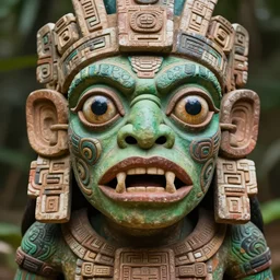 portrait photography of an mayan alien creature, wide giant eyes, green skin, fish - like mouth, ritualisic mayan, detailed face, clear eyes, clear mouth, aztec tatoos, mayan body painting, tenochtitlan, looking towards the camera. high details, demigod.