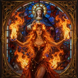 ultra realist breathtaking detailed soft painting of a beautiful lonely fire dancer girl, long fire hair and dress of fireflies, symmetrical facial features, christian saint in the middle of a stained glass of flames, intricate golden art nouveau frame, by Tom Bagshaw, wlop, trending on artstation