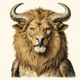 a creature with the body and eyes of a man, beak of an eagle, the mane of a lion, two horns of an ox on the head. drawn by ernst haeckel