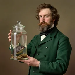 1870s bearded man in green waistcoat holding specimen jar which contains a platypus