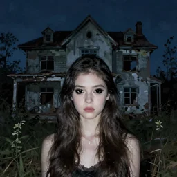 very detailed nightvision photo of a beautiful girl with three black eyes in an abandoned house at night by Daniel Merriam, vivid brushstrokes on background, wide angle, 4k