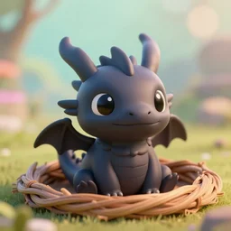 a portrait of a cute happy tiny black chibi dragon in a nest, black eyes, octane render, depth of field, beautiful lighting, pastel colors, bokeh
