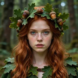 masterpiece portrait of beautiful young oak forest girl with long auburn hair and wreath with acorns, kind eyes, wearing a leaf cloak, hyper realistic face, volumetric lighting, celtic fantasy art, psychedelic, in the style of greg rutkowski, donato giancola, tom bagshaw, intricate, hyper detailed, smooth, vibrant aura