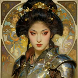 realistic detailed face portrait of a beautiful futuristic warrior geisha in alien samurai armor by alphonse mucha, ayami kojima, amano, greg hildebrandt, and mark brooks, female, feminine, art nouveau, geisha cyberpunk, geisha, neo - gothic, gothic, character concept design
