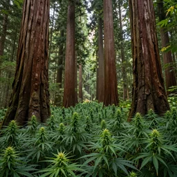 a forest of marijuana plants the size of coastal redwood trees 4 k photorealism hd