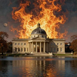 Neoclassical building with dome in the middle lake. By Joseph Mallord William Turner, fractal flame, highly detailded