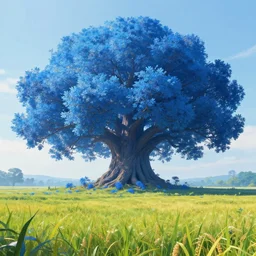 giant azure tree with blue leaves in the distance, fields in foreground, magical, fantasy, digital art, colorful, divine, massive scale