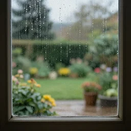 rain drops on a window pane, cozy garden in background,, high detail, full length, Realistic, Regal, Refined, Detailed Digital Art, Exquisite detail, post-processing, masterpiece, Cinematic Lighting