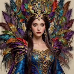 a beautiful girl celtic forest princess in intricate detailed color blue, gold, purple red costume, 3 d render, hyper realistic detailed portrait, big flocking color leaves, ornate leaves headpiece, elegant, intense colors and ink pen, ruan jia, by moebius, fantasy, hyper detailed, octane render, concept art, by peter mohrbacher, by mucha, by henri rousseau
