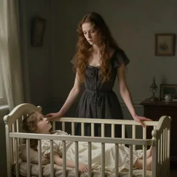 “slenderman standing over a girl in a crib, style of Edward Gorey”