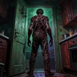 cinematic colorful horror artwork by artgerm, beksinski, bernie wrightson, stephen king ; real life full portrait of rotten hideous man standing in front of kitchen door with his back to camera ; low angle ground level view ; dark ominous scary, 8 k hdr, creepy intricate ; volumetric dramatic lighting, insanely detailed, haunting