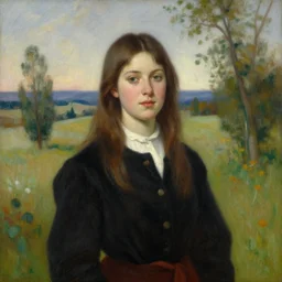 a portrait of a character in a scenic environment by gertrude abercrombie