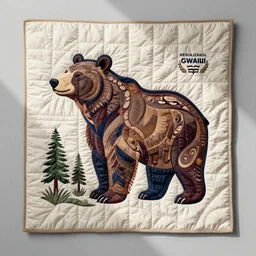 Quilt design inspired by Haida Gwaii bear spirit, detailed, product photo,