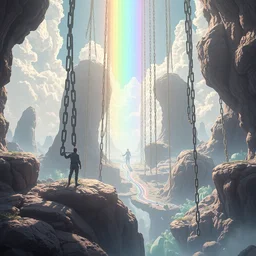 a surreal realm held by rainbow chains, in the style of wlop, illustration, epic, fantasy, hyper detailed, smooth, unreal engine, sharp focus, ray tracing