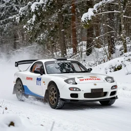 a 2 0 0 2 mazda rx - 7 spirit r type a, racing through a rally stage in a snowy forest