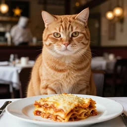 portrait of fat orange tabby cat sitting on lasagna, michelin star restaurant, roger deakins, annie liebovitz