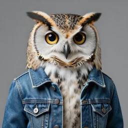 full head portrait of an owl made of jeans jacket, medium shot, super realistic, crisp details, sharp, detailed, intricate, volumetric lights, cinematic, octane render