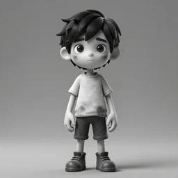 a black and white 3d render of a character, boy wearing plain clothes, black hair and pale skin, dirty clothes, stylized 3d render, coraline and neil gaiman inspired, pixar render quality