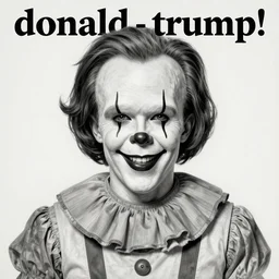 album cover of!!! [ donald - trump ]!!! as ( ( ( pennywise ) ) ), graphite, monochrome, high contrast, 2. 5 d, perfectionism, ray tracing global illumination, insanely detailed and intricate, hypermaximalist, elegant, ornate, hyper realistic, super detailed