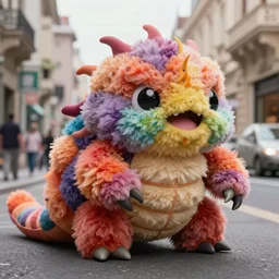 ultrarealistic photography of colorful fluffy fury giant tardigrade on budapest street rule of thirds, aesthetic