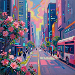 acrylic painting, impressionism and expressionism, bold colors, expressive brushstrokes. a city street with pink flowers, cyberpunk art by wadim kashin, cgsociety, panfuturism, cityscape, dystopian art, anime aesthetic