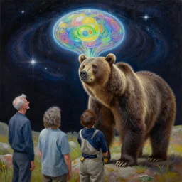 a realism painting of a grizzly bear observes the space - time continuum on heroic dose of psilocybin by chris dyer, alex grey, android jones, and aaron brooks, highly detailed and realistic