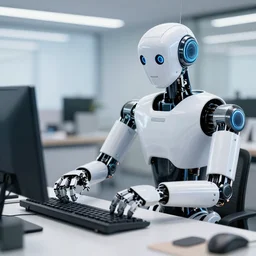 A robot with mechanical hands working at an office, ultra high detail, photorealistic, 8k