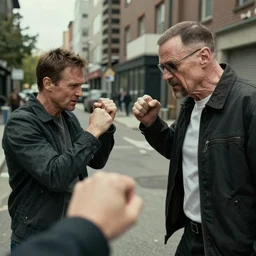 pov of a man fighting walter white, first person view, realistic, street fight