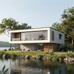 a beautiful house, by a lakeside, modernism, 4 k, concept art, unreal engine