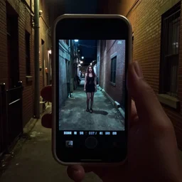 a creepy cell phone camera picture of an alleyway in west philadelphia at night, with a woman in the distance.