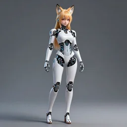 beautiful full body portrait of a human like anime girl robot with artificial pale skin and fox ears, high quality, highly detailed, 4 k, drawn by wwpgi, trending on artstation, digital art, rendered in unity 3 d