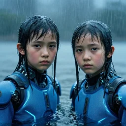 cinestill 5 0 d candid photographic portrait by helen levitt of two cyborg kids wearing rugged neon blue mesh techwear in treacherous waters, extreme closeup, modern cyberpunk moody depressing cinematic, pouring rain, dystopian atmosphere, 8 k, hd, high resolution, 3 5 mm, f / 3 2, ultra realistic faces, ex machina
