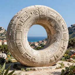 a gigantic paleolothic torus made of stone with highly detailed carvings of intricate shamanic robotic electronics and circuitry, in a mediterranean lanscape, inside a valley overlooking the sea, in the style of michal karcz, mediterranean island scenery, mediterranean vista