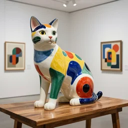 beautiful gallery show studio photograph of a giant ceramic sculpture of a cat, glazed by bridget riley and victor vasarely, placed on a polished wooden table, hyperrealism 8 k trending on artstation