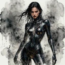 fierce wet fashion model, splash, liquid metal dna, effervescent, black, poster art, high detail, hyperrealistic illustration, watercolor, deep mood, hyperrealism, 3 d, in the style of irakli nadar,