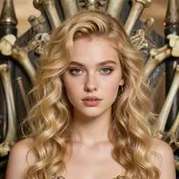 editorial photo of girl on bones throne, glo - fi, blonde, curly hair, clean big eyes, symmetrical beautiful face, clean skin, jewelry, native costume and accessories, victorian era, ecstasy, fashion editorial photography, hyperrealistic, from vogue magazine, ultra realistic, artgerm, reflections, gold intricate, 5 0 mm lens, icm