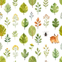cartoon pattern on the theme of nature with hand drawn colored leaves, herbs, flowers, insects, animals and other objects image clipart
