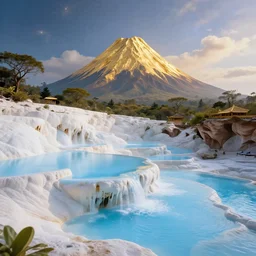 Celestial majestic futuristic other worldly realm with Singaporean royal gold lush volcano, set on Antelope Canyon with royal blue thermal waters flowing down white travertine terraces, relaxing, ethereal and dreamy, visually stunning, painted by Leonardo da Vinci and WLOP, octane render, scifi