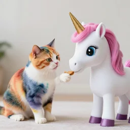 a Rainbow cat asking a white unicorn for food, ultra realistic, 8K