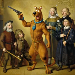 scooby doo with a gun, jan van eyck, james gurney, roger dean, jean pierre ugarte, caspar david frederich, caravaggio, mabel royds, sir lawrence almda - tadema, james audubon, albrecht durer, ito jakuchu, ansel adams, roger deakins, frank lloyd wright, rober adams, pieter s aenredam, andre le notre